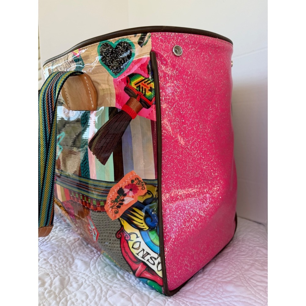 Consuela Hype Classic Tote Bag Multi Color Patchwork Oilcloth Pink Glitter Large
